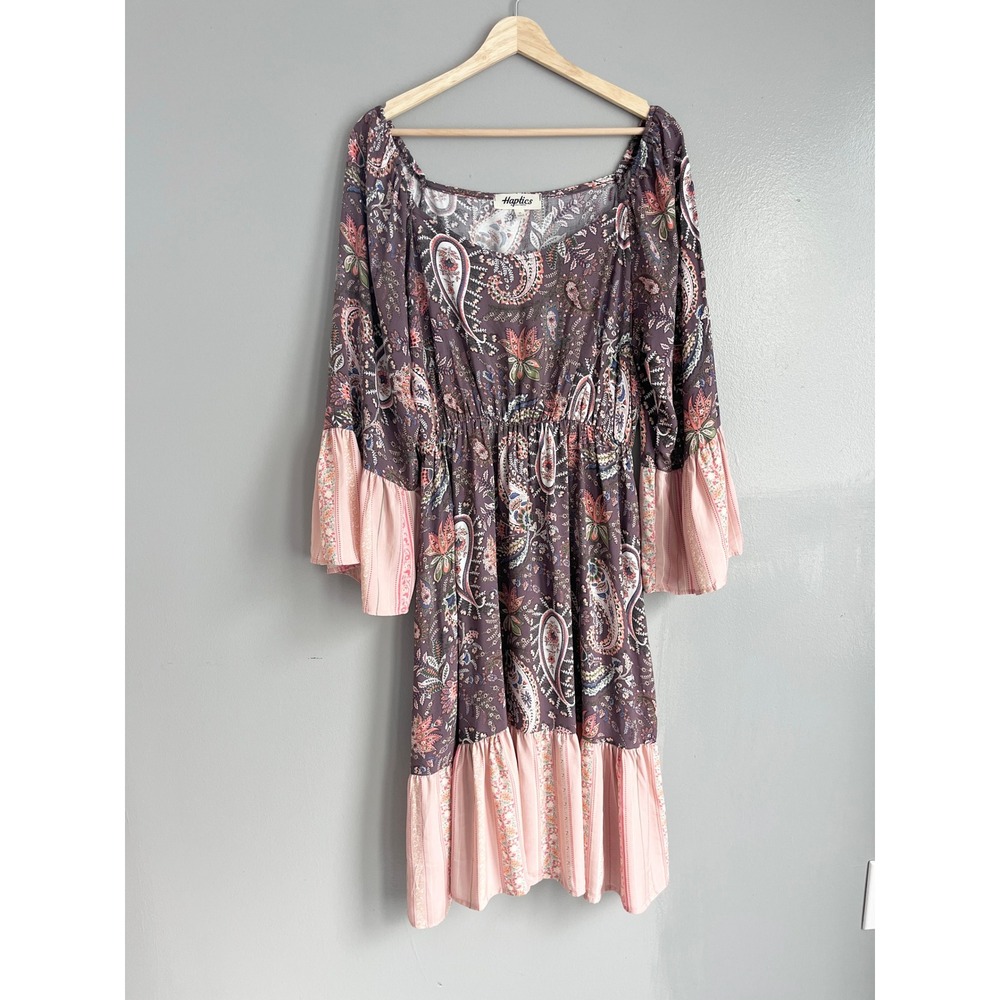 Haptics Holly Harper Womens Paisley Boho Dress Peasant Pink Purple Bell Sleeve M
